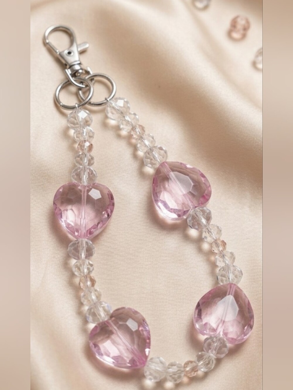 Handmade Kawaii Pink & Clear Beaded Phone Wristlet Strap with Silver Clasp